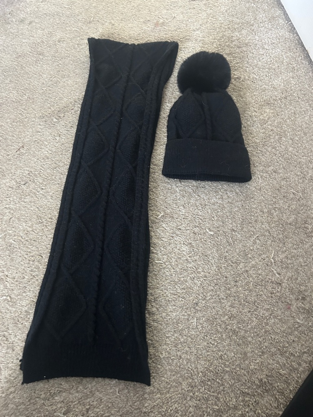Black Knit Pom Beanie and Matching Cable Scarf Set